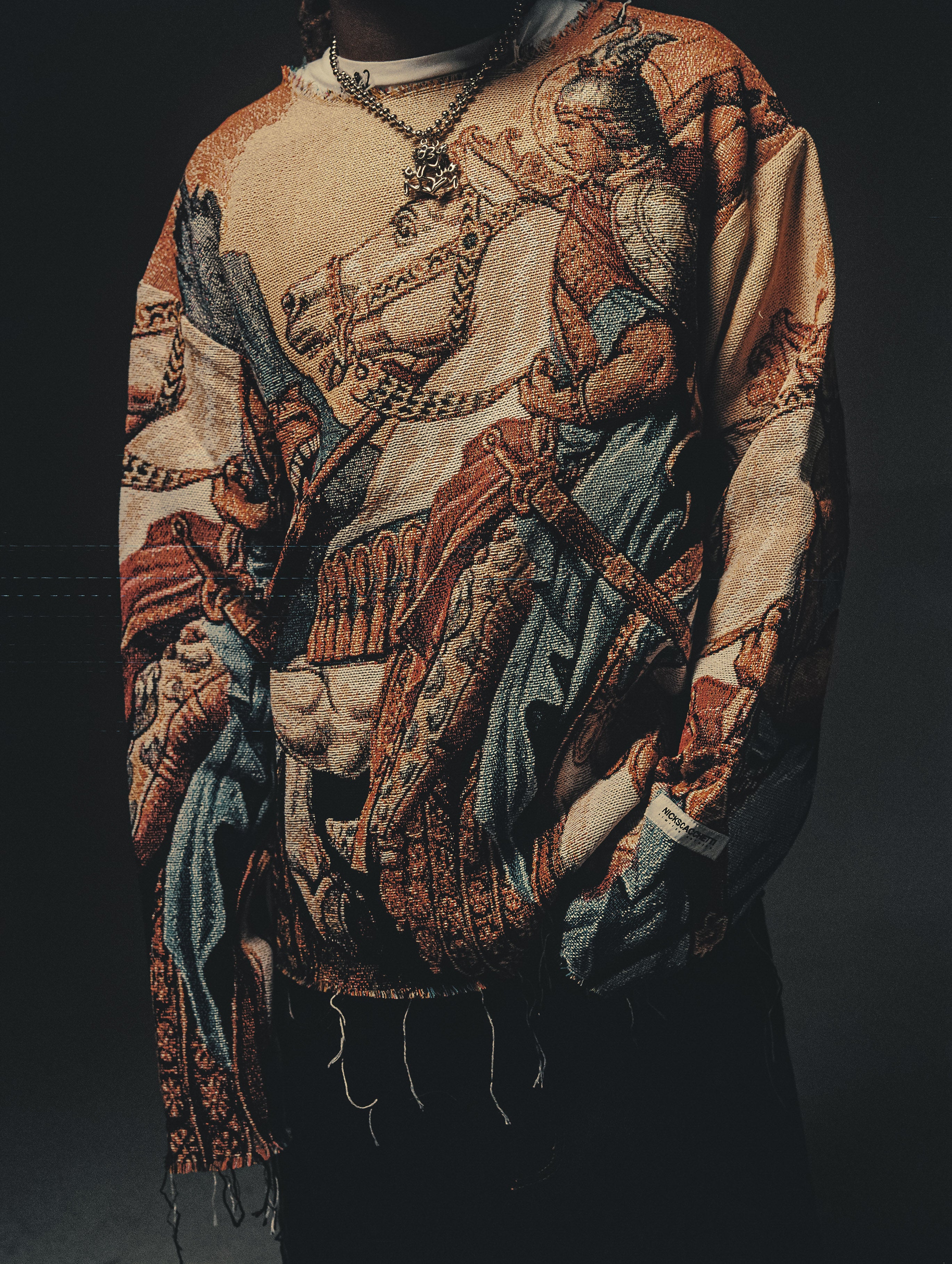 "ST. GEORGE" TAPESTRY JACQUARD FABRIC FRAYED SWEATER - nickscacchetti
