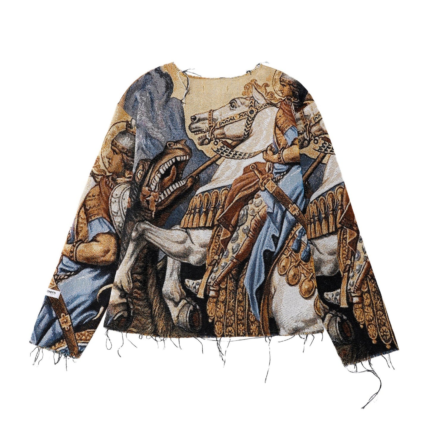 "ST. GEORGE" TAPESTRY JACQUARD FABRIC FRAYED SWEATER