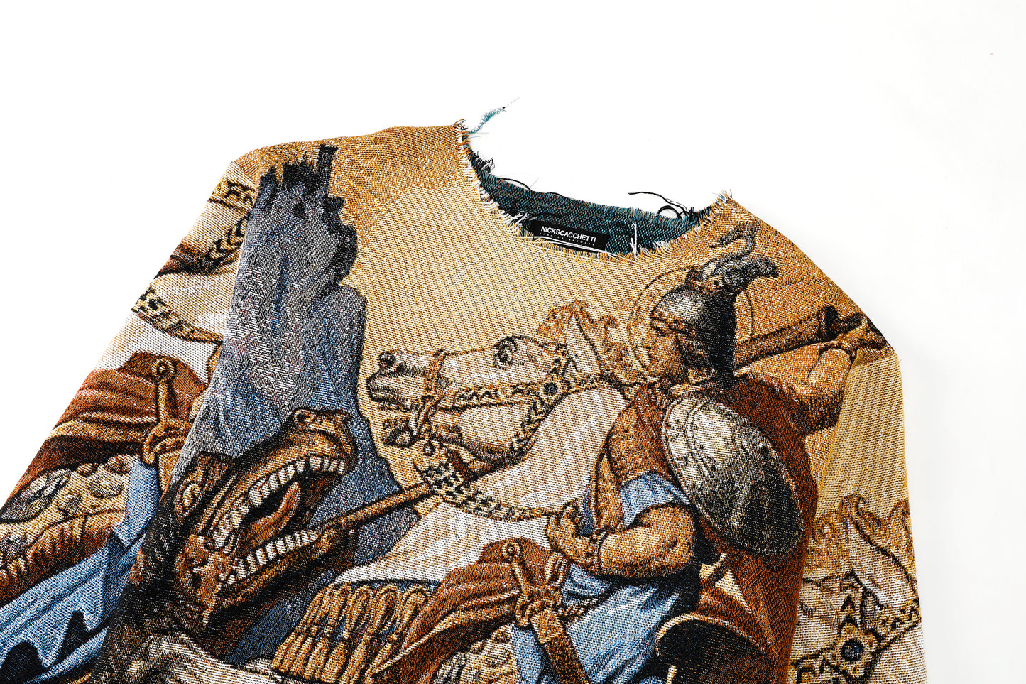 "ST. GEORGE" TAPESTRY JACQUARD FABRIC FRAYED SWEATER