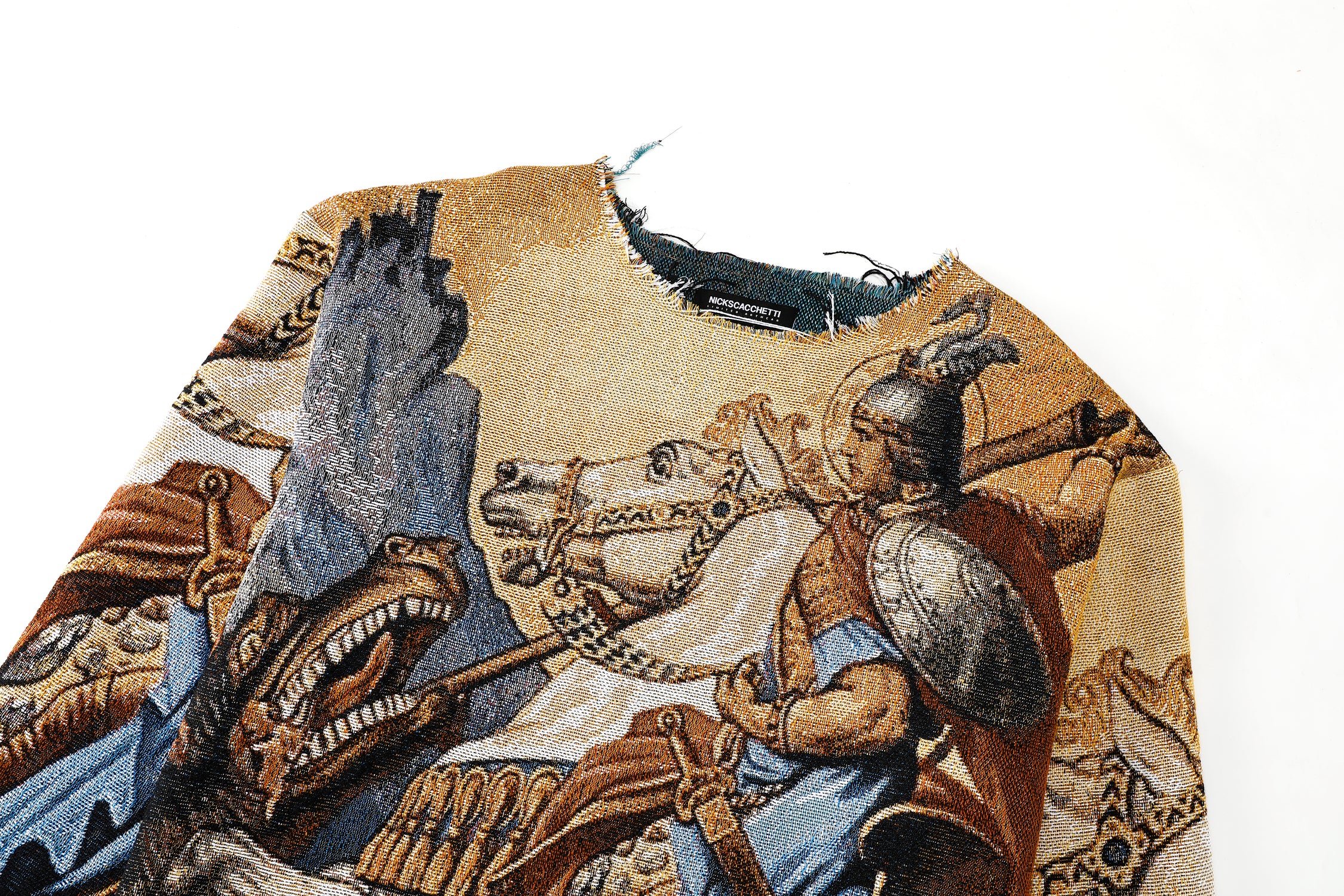 "ST. GEORGE" TAPESTRY JACQUARD FABRIC FRAYED SWEATER - nickscacchetti