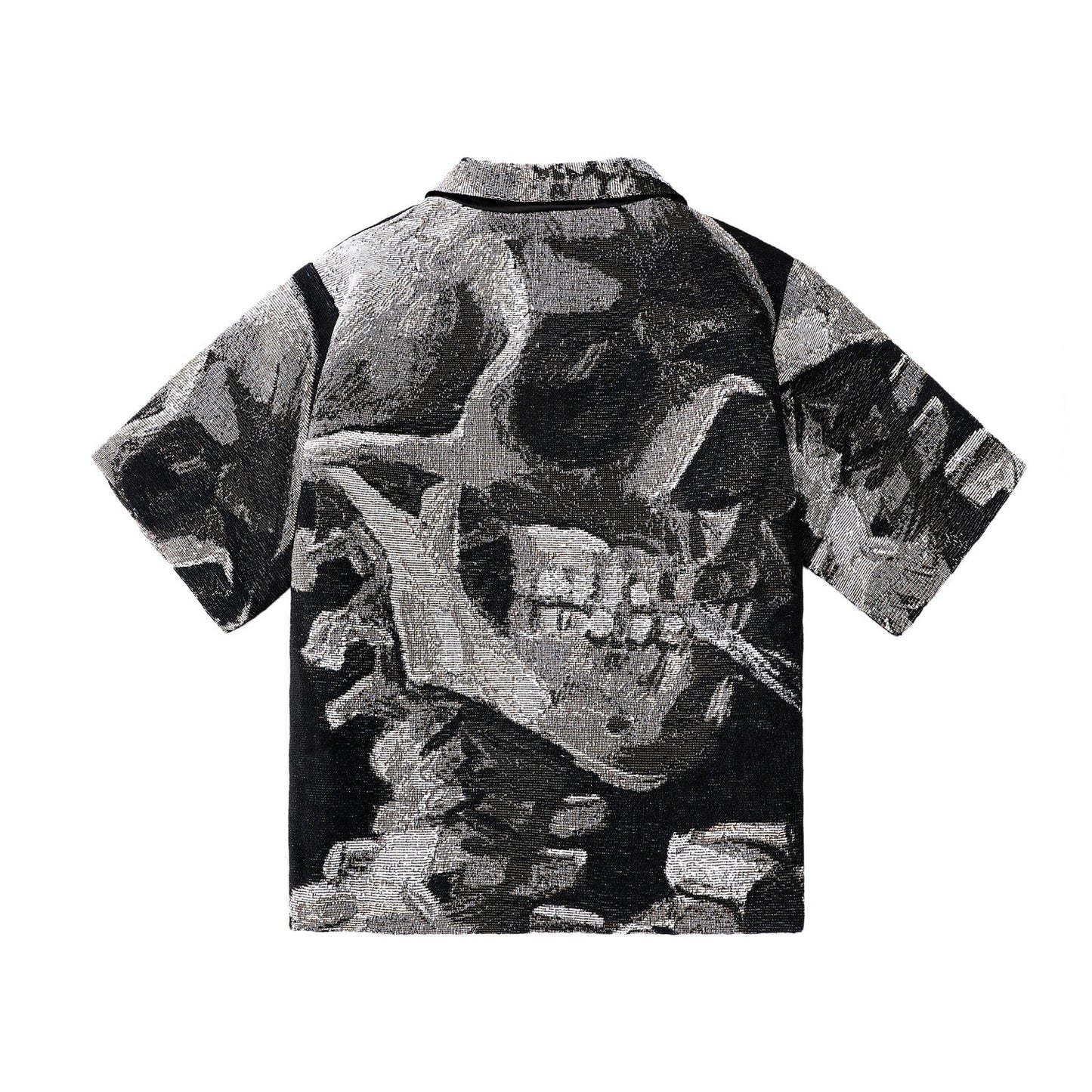 "SKULL OF A SKELETON WITH A BURNING CIGARETTE" TAPESTRY JACQUARD FABRIC ZIP-UP SHIRT