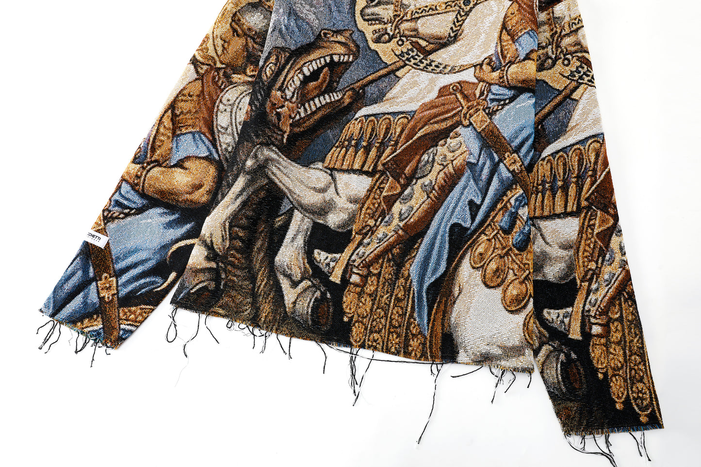 "ST. GEORGE" TAPESTRY JACQUARD FABRIC FRAYED SWEATER