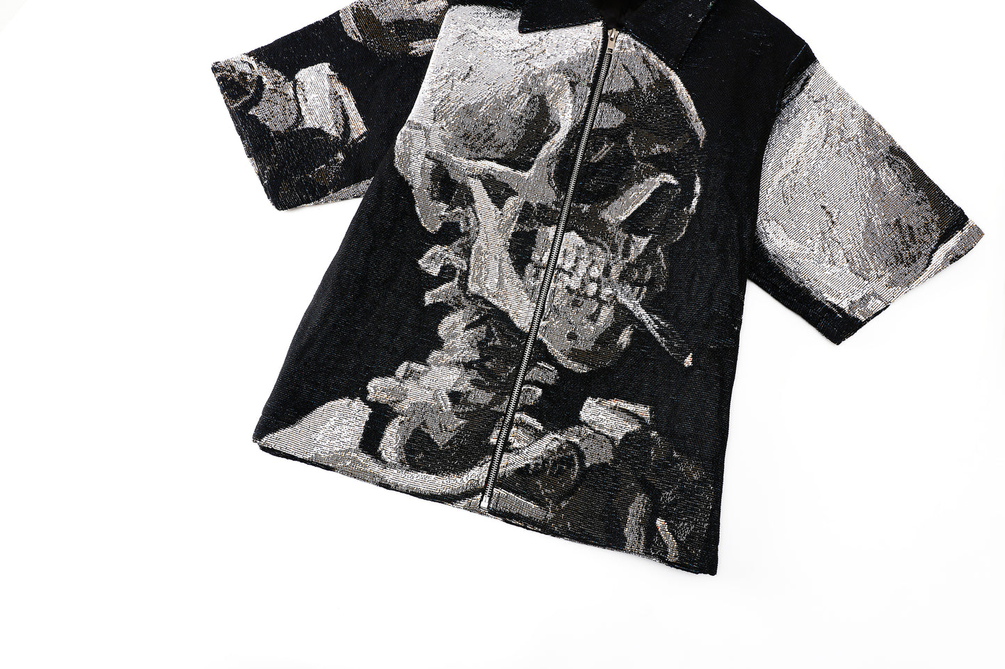 "SKULL OF A SKELETON WITH A BURNING CIGARETTE" TAPESTRY JACQUARD FABRIC ZIP-UP SHIRT