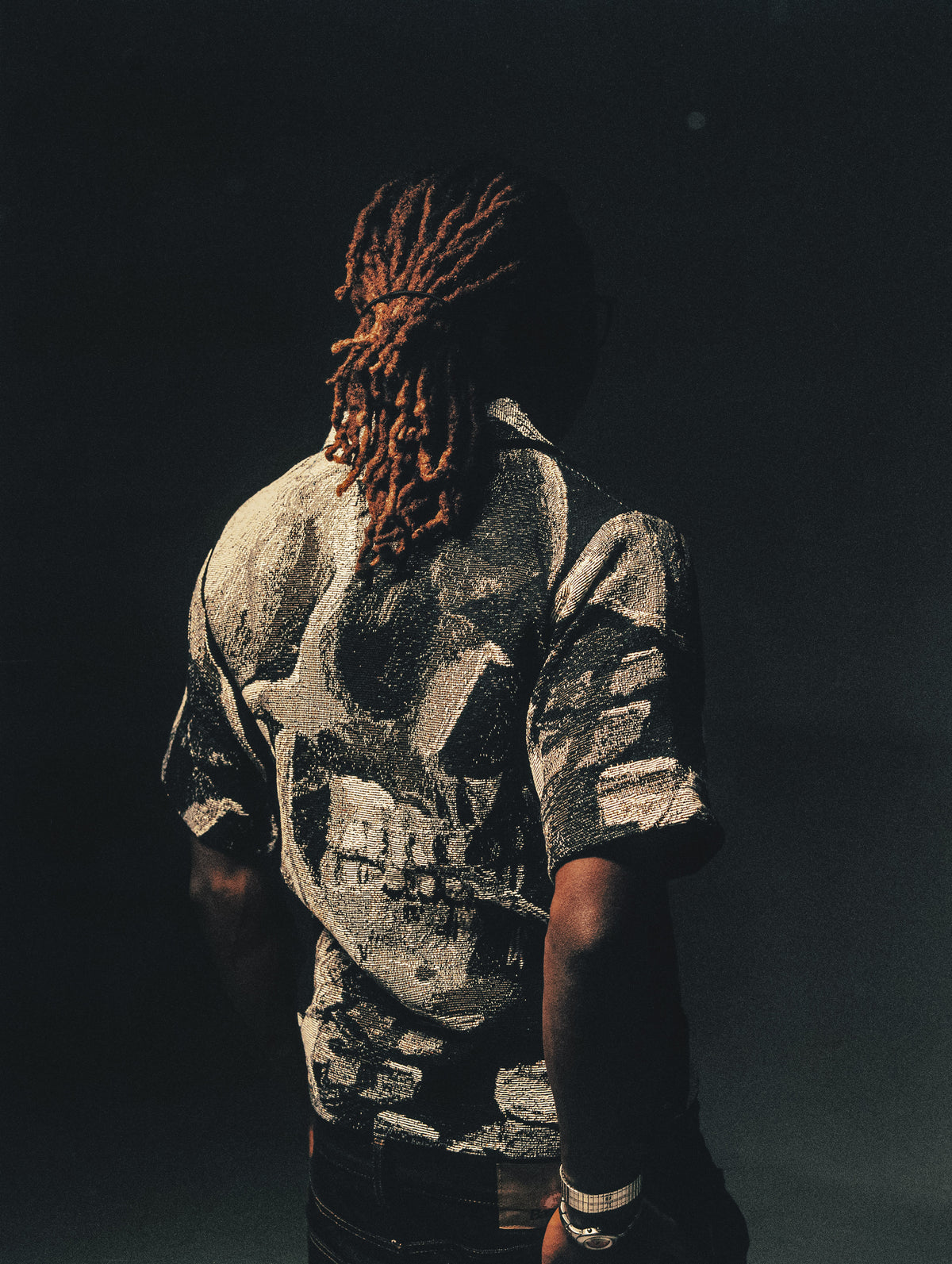 "SKULL OF A SKELETON WITH A BURNING CIGARETTE" TAPESTRY JACQUARD FABRIC ZIP-UP SHIRT - nickscacchetti