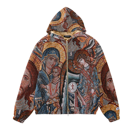"HOLY MANTLE" TAPESTRY JACQUARD FABRIC DOUBLE-ZIP HOODIE