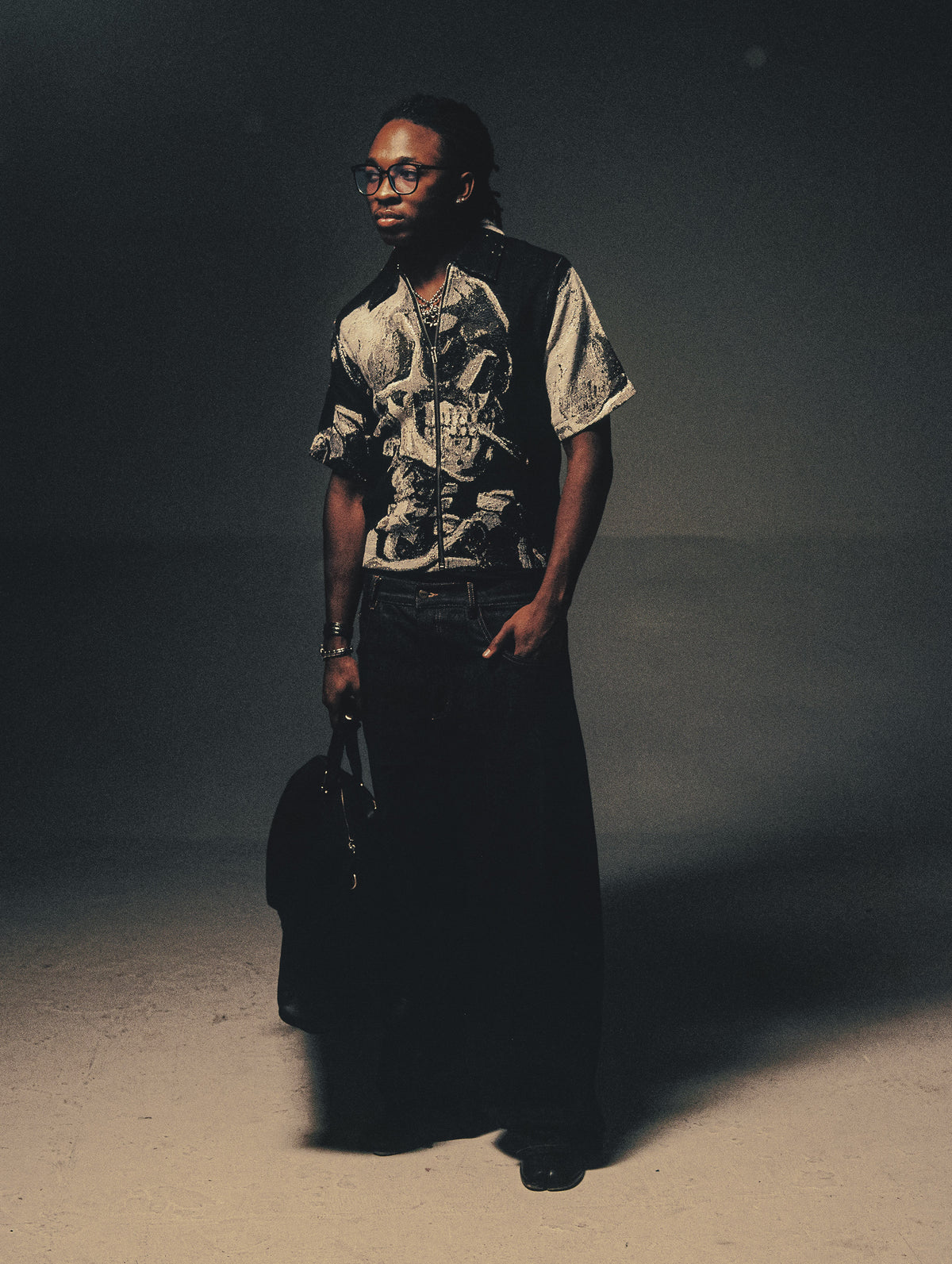 "SKULL OF A SKELETON WITH A BURNING CIGARETTE" TAPESTRY JACQUARD FABRIC ZIP-UP SHIRT - nickscacchetti