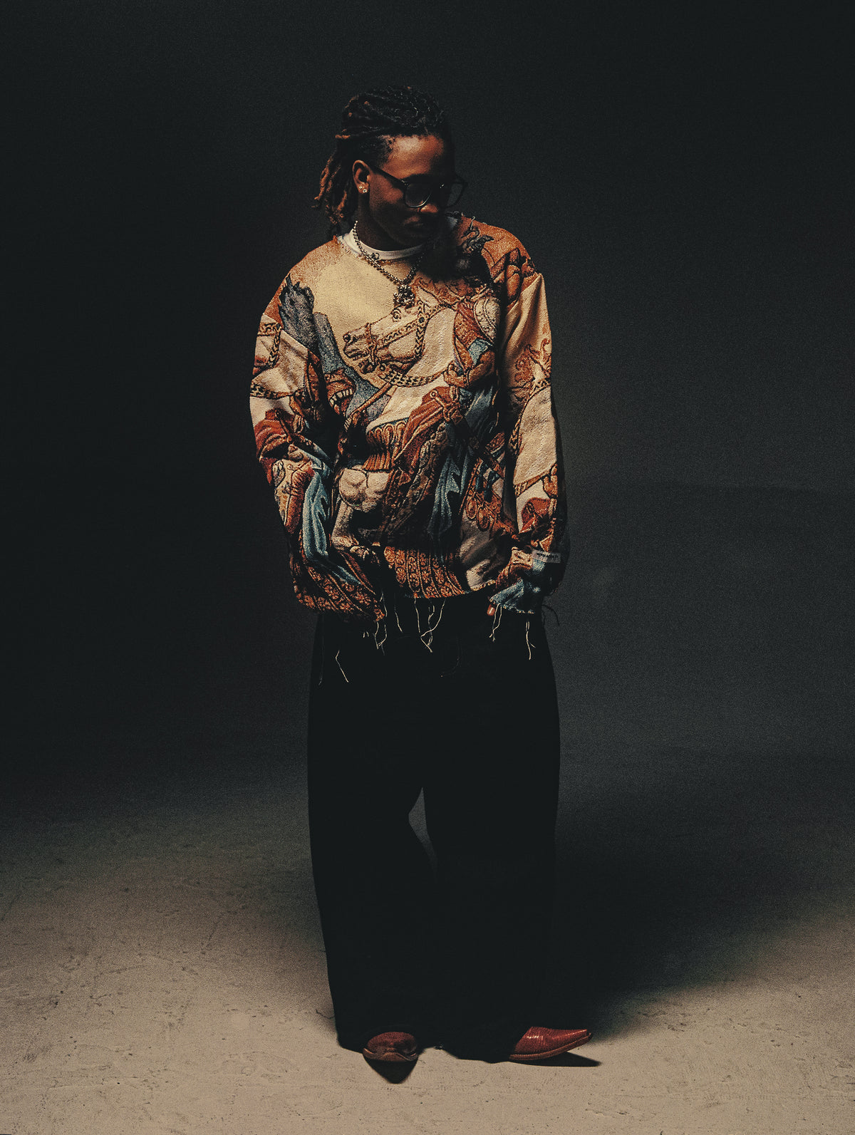 "ST. GEORGE" TAPESTRY JACQUARD FABRIC FRAYED SWEATER - nickscacchetti