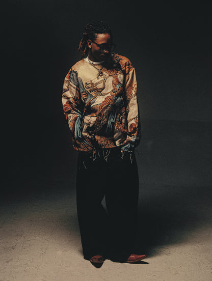 "ST. GEORGE" TAPESTRY JACQUARD FABRIC FRAYED SWEATER - nickscacchetti