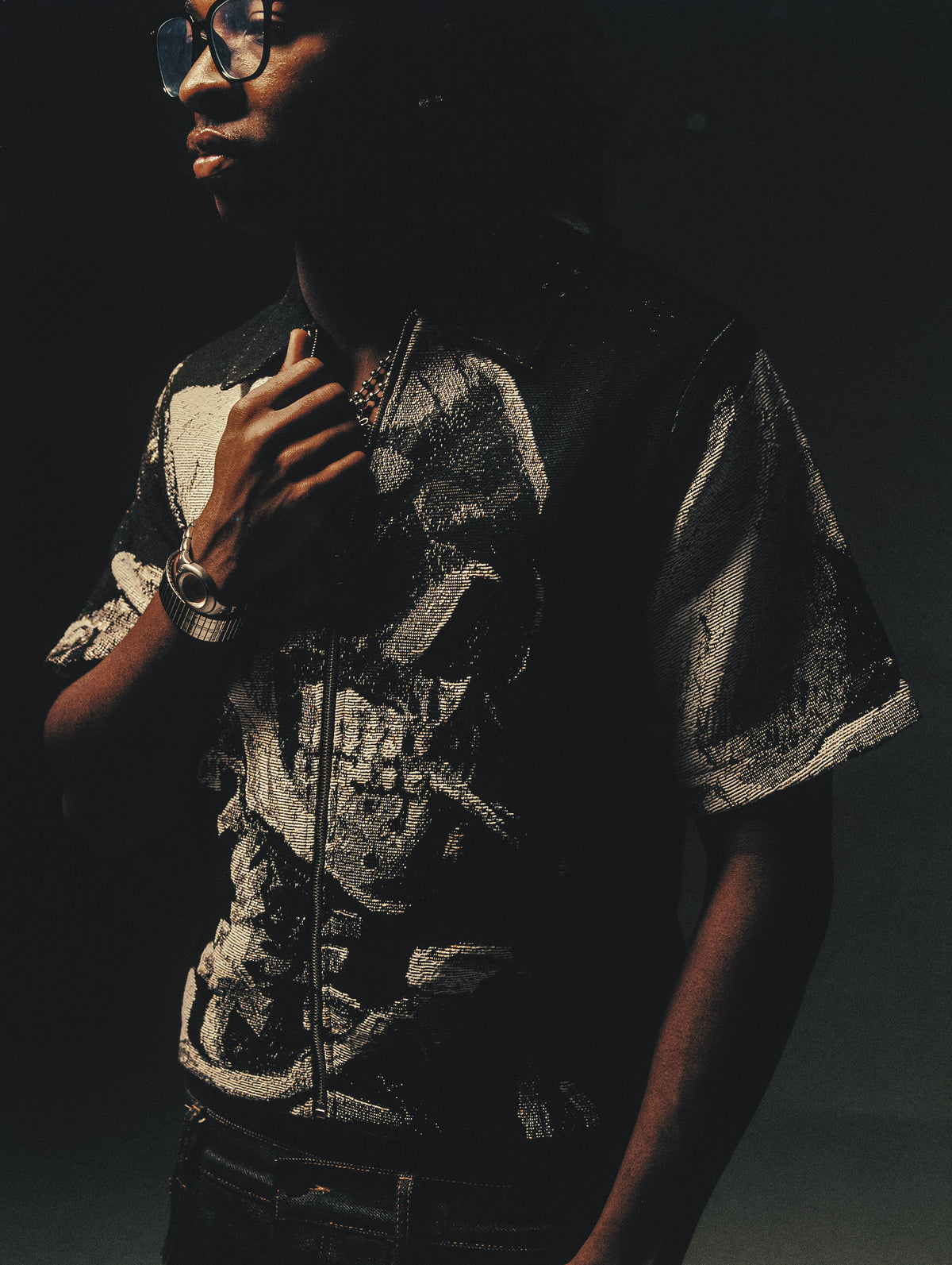 "SKULL OF A SKELETON WITH A BURNING CIGARETTE" TAPESTRY JACQUARD FABRIC ZIP-UP SHIRT - nickscacchetti