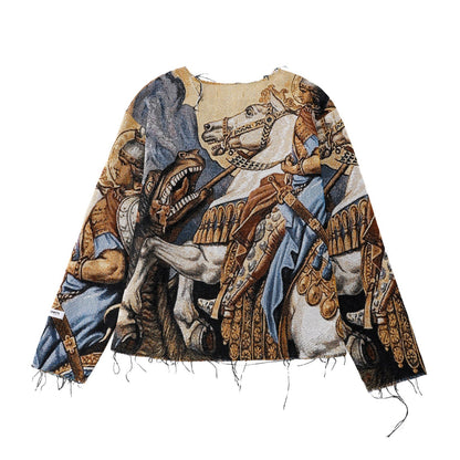 "ST. GEORGE" TAPESTRY JACQUARD FABRIC FRAYED SWEATER