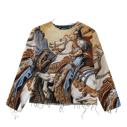 "ST. GEORGE" TAPESTRY JACQUARD FABRIC FRAYED SWEATER