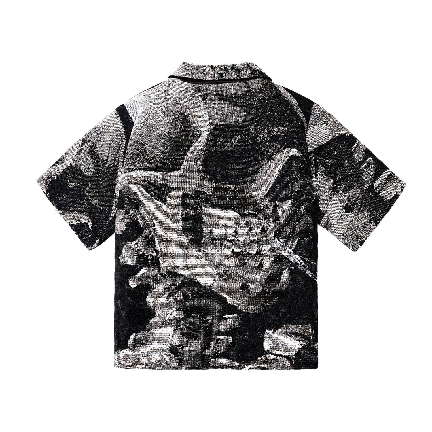 "SKULL OF A SKELETON WITH A BURNING CIGARETTE" TAPESTRY JACQUARD FABRIC ZIP-UP SHIRT - nickscacchetti