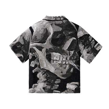 "SKULL OF A SKELETON WITH A BURNING CIGARETTE" TAPESTRY JACQUARD FABRIC ZIP-UP SHIRT