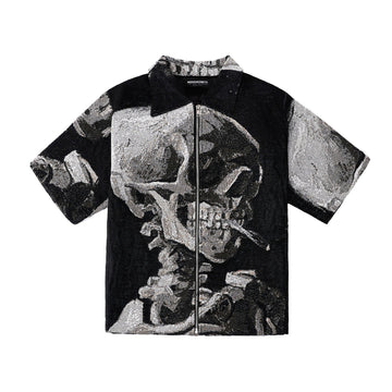 "SKULL OF A SKELETON WITH A BURNING CIGARETTE" TAPESTRY JACQUARD FABRIC ZIP-UP SHIRT