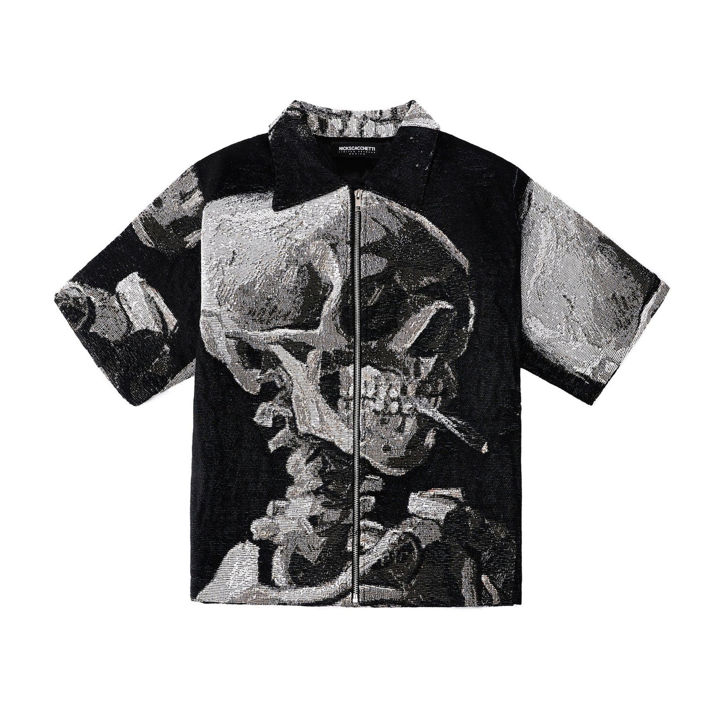 "SKULL OF A SKELETON WITH A BURNING CIGARETTE" TAPESTRY JACQUARD FABRIC ZIP-UP SHIRT