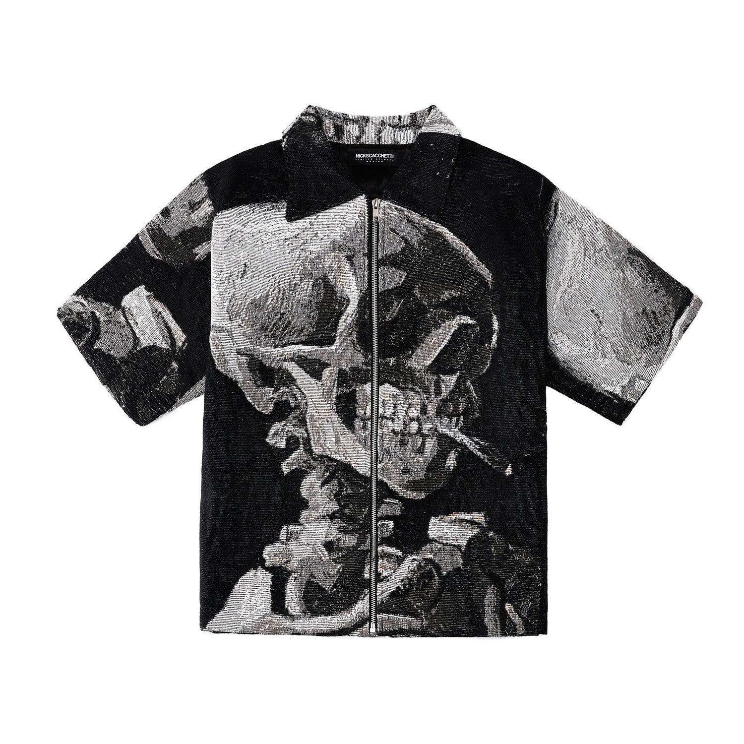 "SKULL OF A SKELETON WITH A BURNING CIGARETTE" TAPESTRY JACQUARD FABRIC ZIP-UP SHIRT - nickscacchetti