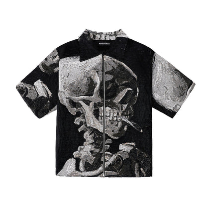 "SKULL OF A SKELETON WITH A BURNING CIGARETTE" TAPESTRY JACQUARD FABRIC ZIP-UP SHIRT
