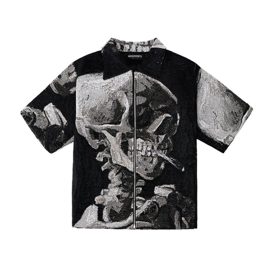 "SKULL OF A SKELETON WITH A BURNING CIGARETTE" TAPESTRY JACQUARD FABRIC ZIP-UP SHIRT