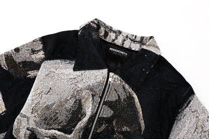"SKULL OF A SKELETON WITH A BURNING CIGARETTE" TAPESTRY JACQUARD FABRIC ZIP-UP SHIRT