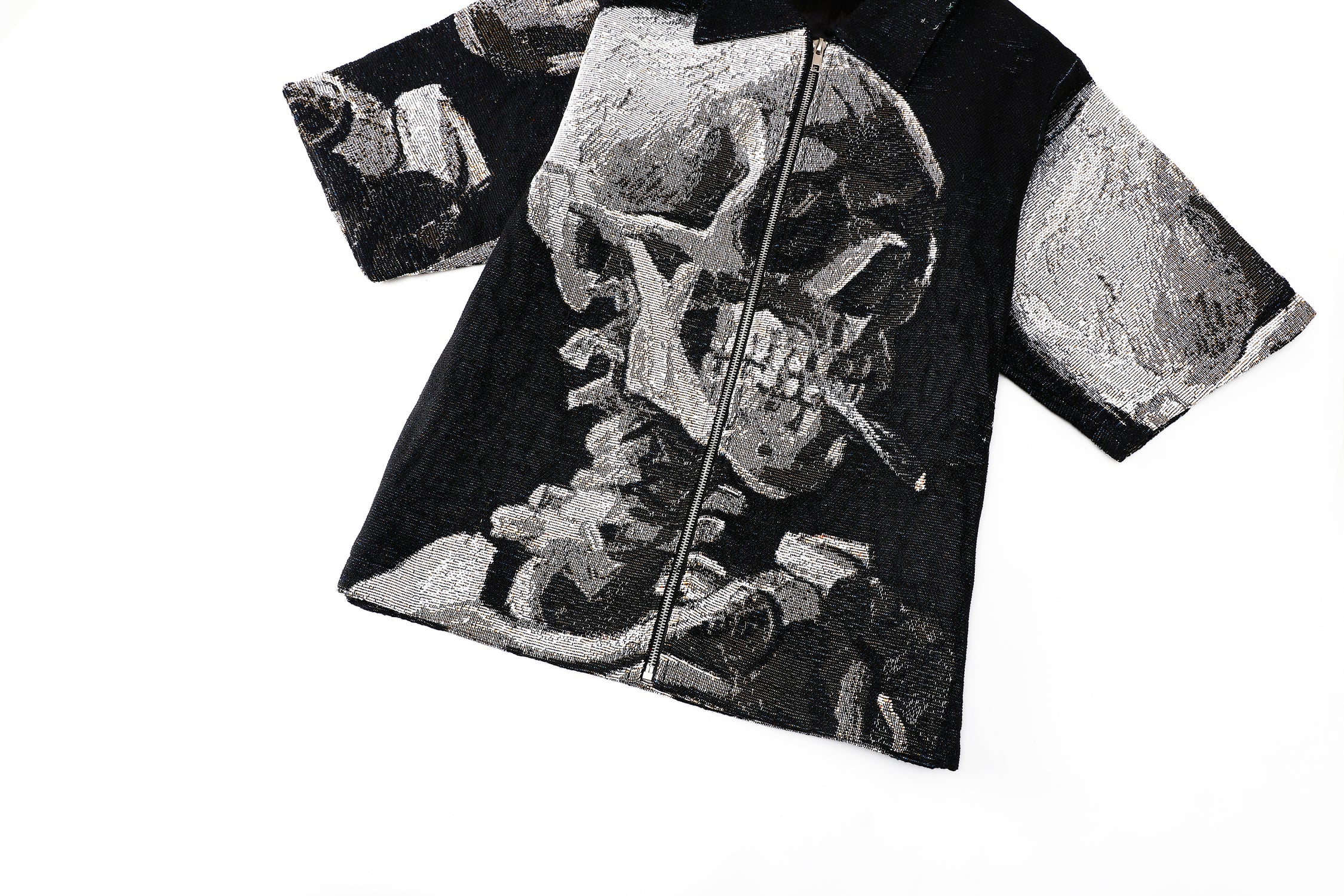 "SKULL OF A SKELETON WITH A BURNING CIGARETTE" TAPESTRY JACQUARD FABRIC ZIP-UP SHIRT - nickscacchetti