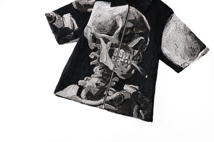 "SKULL OF A SKELETON WITH A BURNING CIGARETTE" TAPESTRY JACQUARD FABRIC ZIP-UP SHIRT