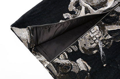 "SKULL OF A SKELETON WITH A BURNING CIGARETTE" TAPESTRY JACQUARD FABRIC ZIP-UP SHIRT