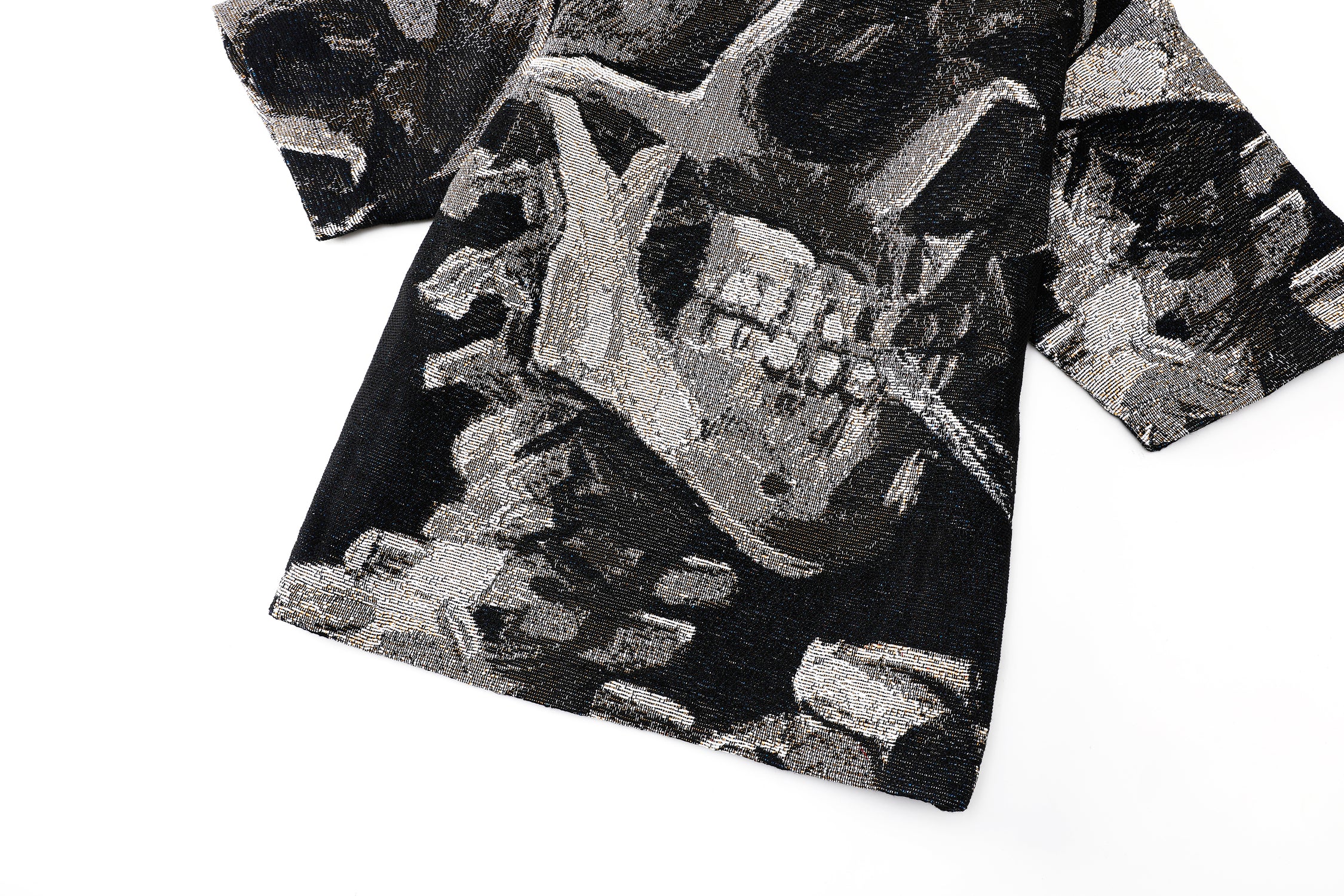 "SKULL OF A SKELETON WITH A BURNING CIGARETTE" TAPESTRY JACQUARD FABRIC ZIP-UP SHIRT - nickscacchetti