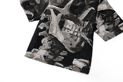 "SKULL OF A SKELETON WITH A BURNING CIGARETTE" TAPESTRY JACQUARD FABRIC ZIP-UP SHIRT